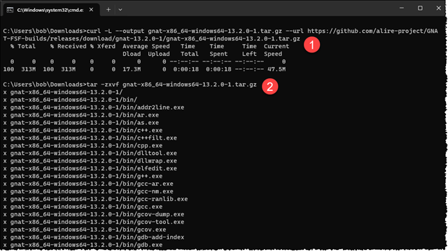 Results from curl and tar in a Command Prompt