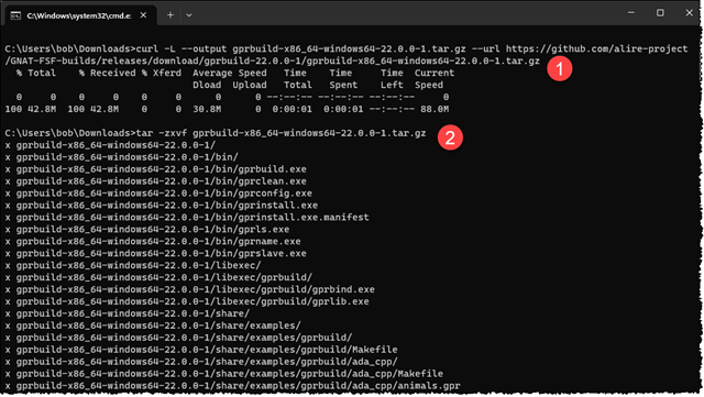 Result from curl and tar on gprbuild in a Command Prompt