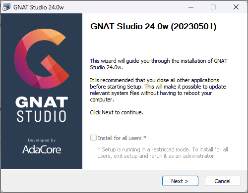 GNAT Studio Install Wizard - step 1