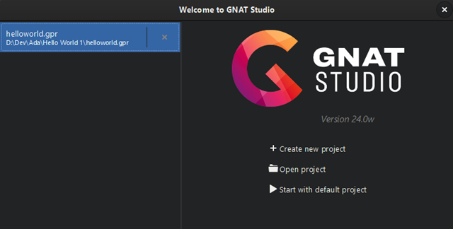 Welcome screen in GNAT Studio