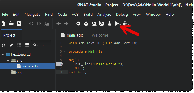 First Hello World program in GNAT Studio